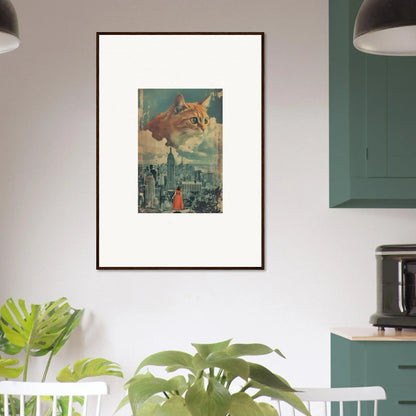 Framed wall art of giant cat visions over a cityscape for unique room decor