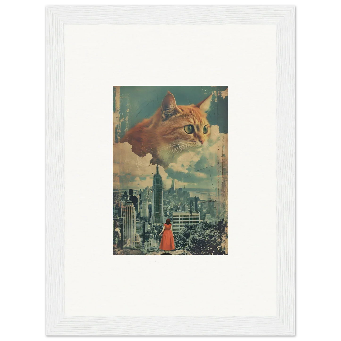 Giant cat head floating above cityscape, perfect for Cat Visions room decor and framed wall art