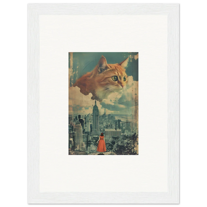 Giant cat head floating above cityscape, perfect for Cat Visions room decor and framed wall art