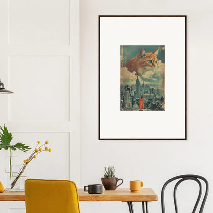 Framed surrealist wall art of a giant cat’s face over a cityscape, perfect room decor