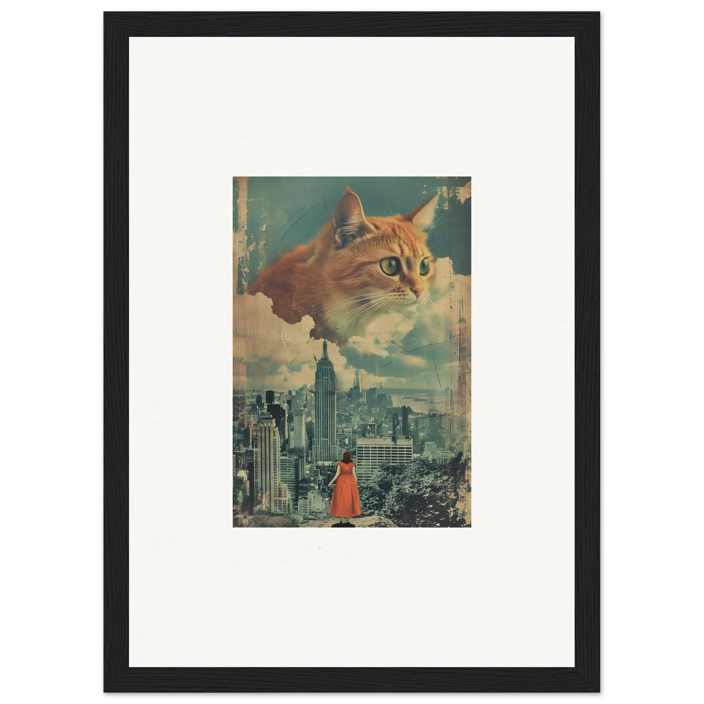 Giant cat head floating above cityscape in Cosmic Cat Visions framed wall art