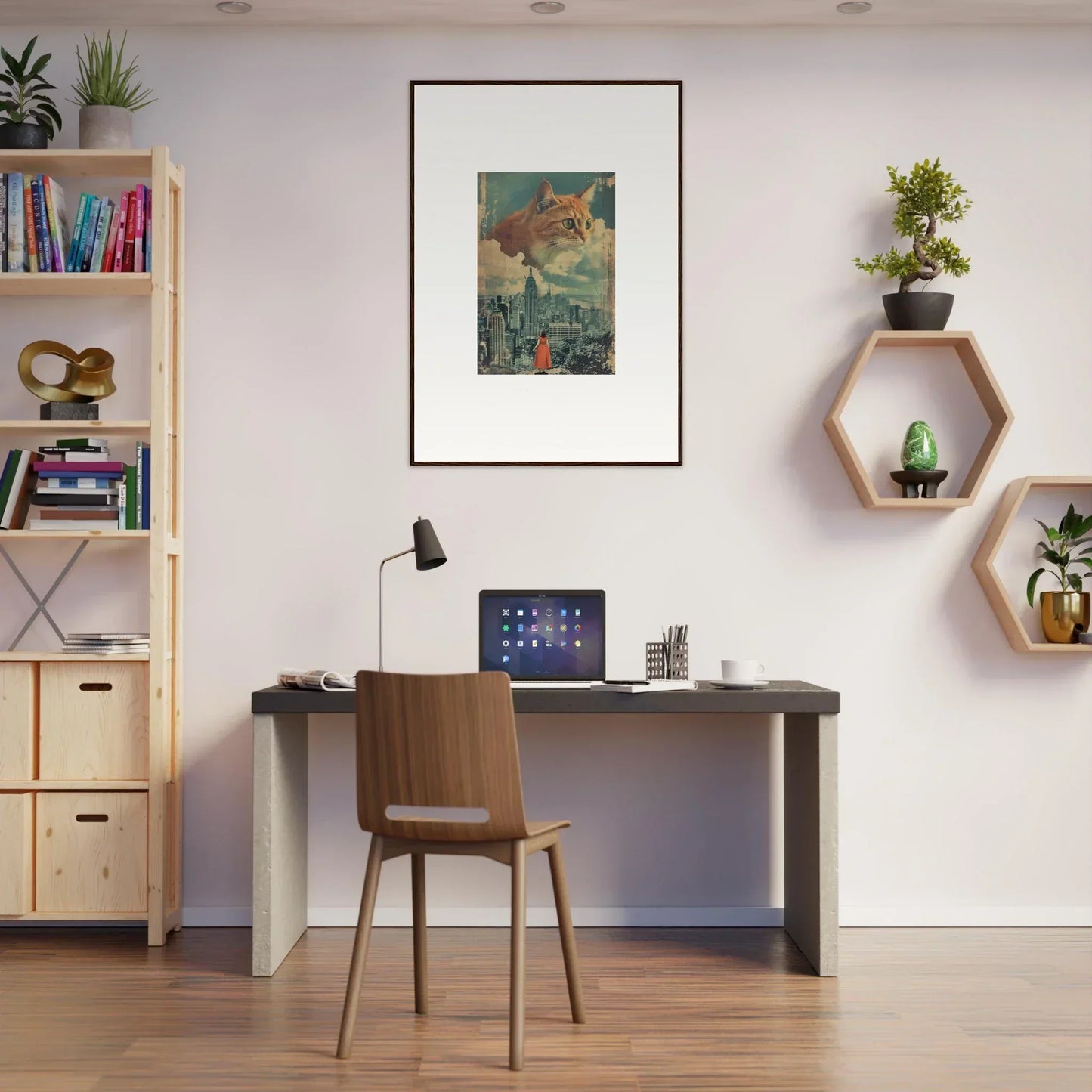 Home office workspace with desk, chair, and framed wall art featuring Cat Visions