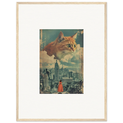 Surreal collage of a giant cat’s face above a cityscape for unique room decor