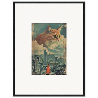 Surreal collage of a giant cat’s face over cityscape for unique room decor and framed wall art