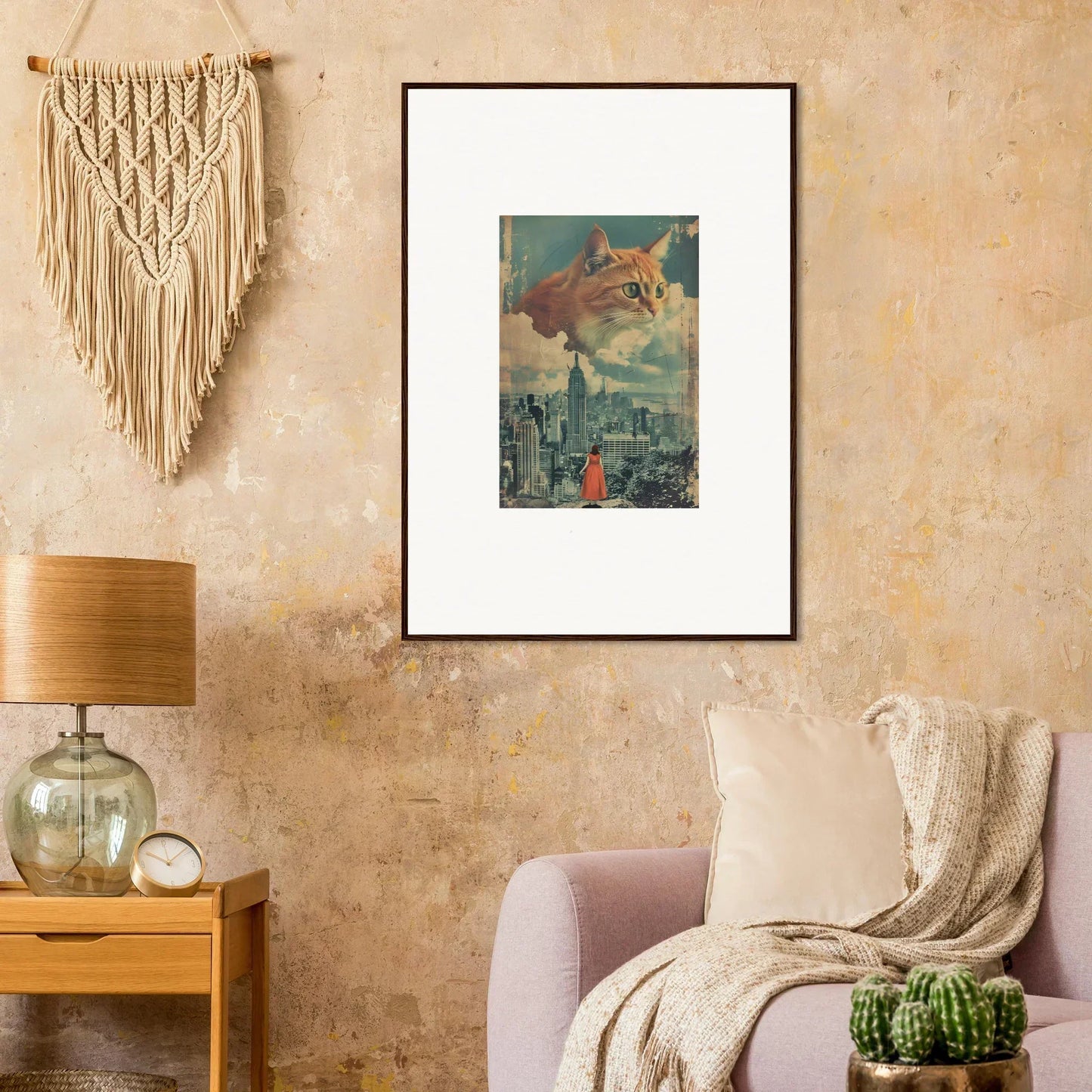 Framed wall art of Cosmic Cat Visions with a giant cat above a cityscape for unique room decor