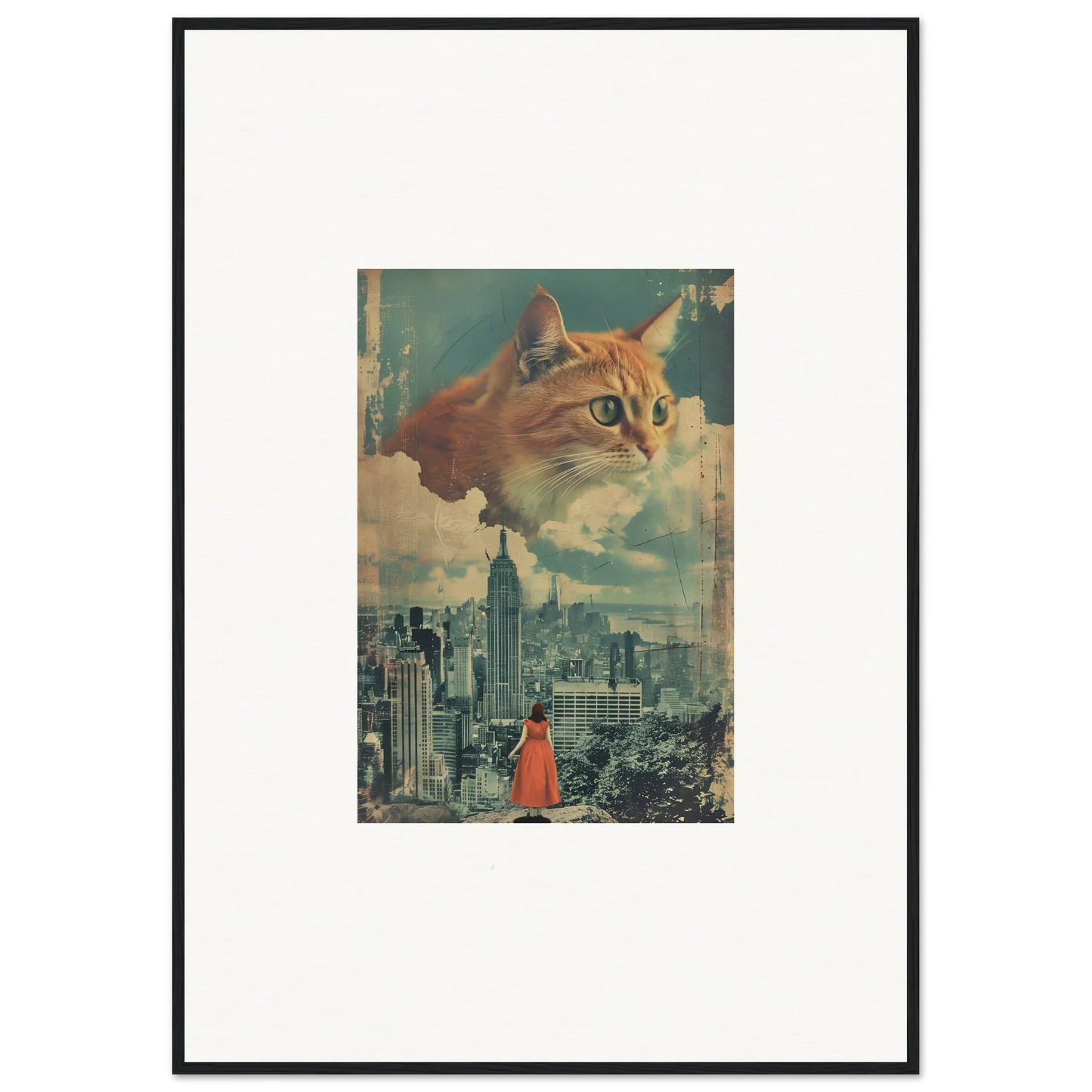 Surreal collage of giant cat visions above a city, perfect for room decor and framed wall art