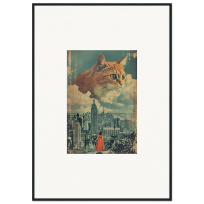 Surreal collage of giant cat visions above a city, perfect for room decor and framed wall art