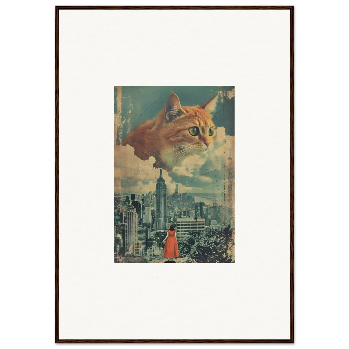 Framed wall art featuring surreal cat visions over a cityscape with a small figure