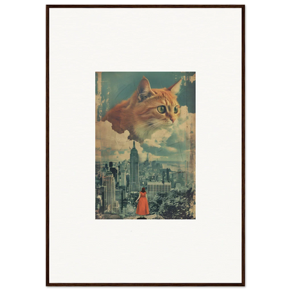 Framed wall art featuring surreal cat visions over a cityscape with a small figure