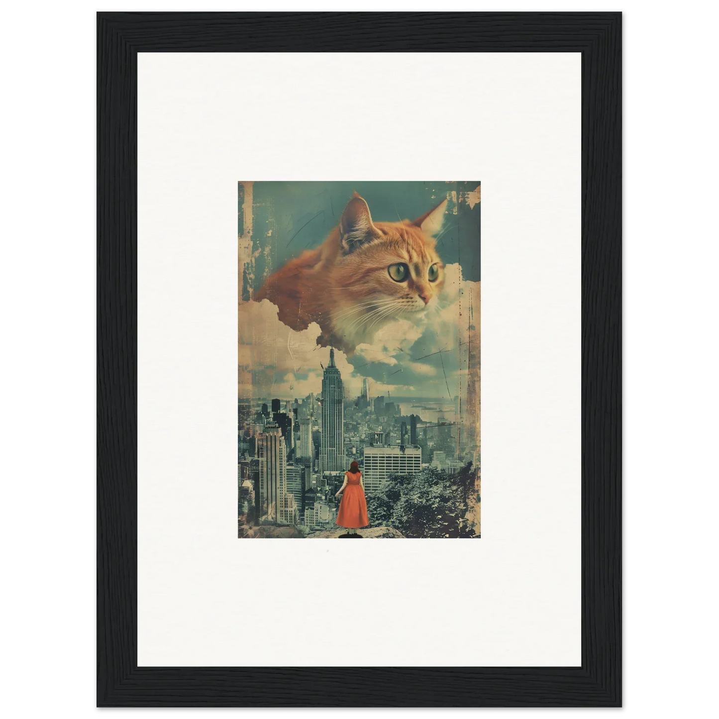 Giant cat head floating in sky above cityscape for Cosmic Cat Visions room decor