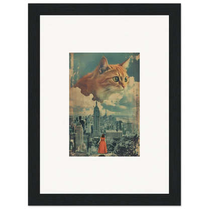 Giant cat head floating in sky above cityscape for Cosmic Cat Visions room decor