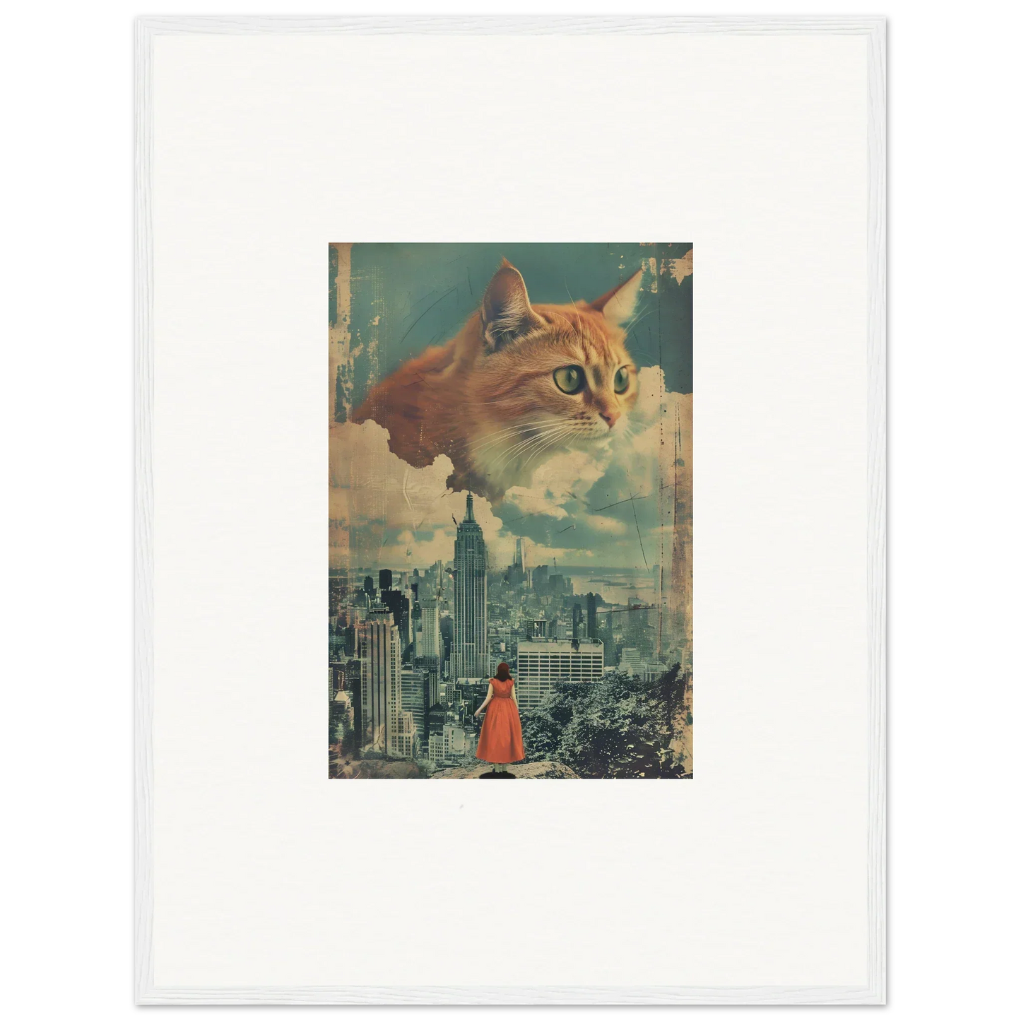 Surreal collage of a giant cat’s face over a cityscape for unique room decor