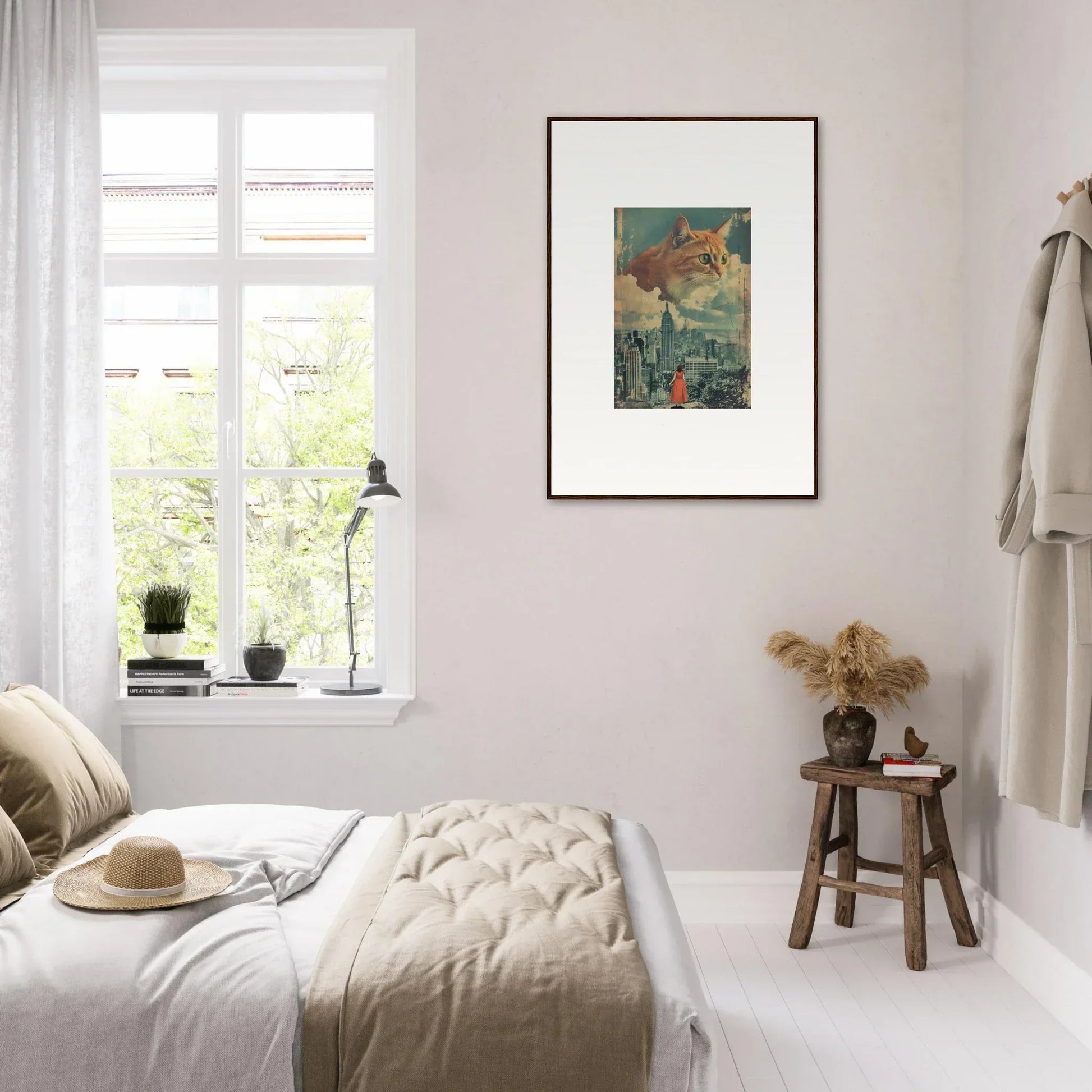 Cozy bedroom with light decor featuring Cat Visions framed wall art for stylish room decor