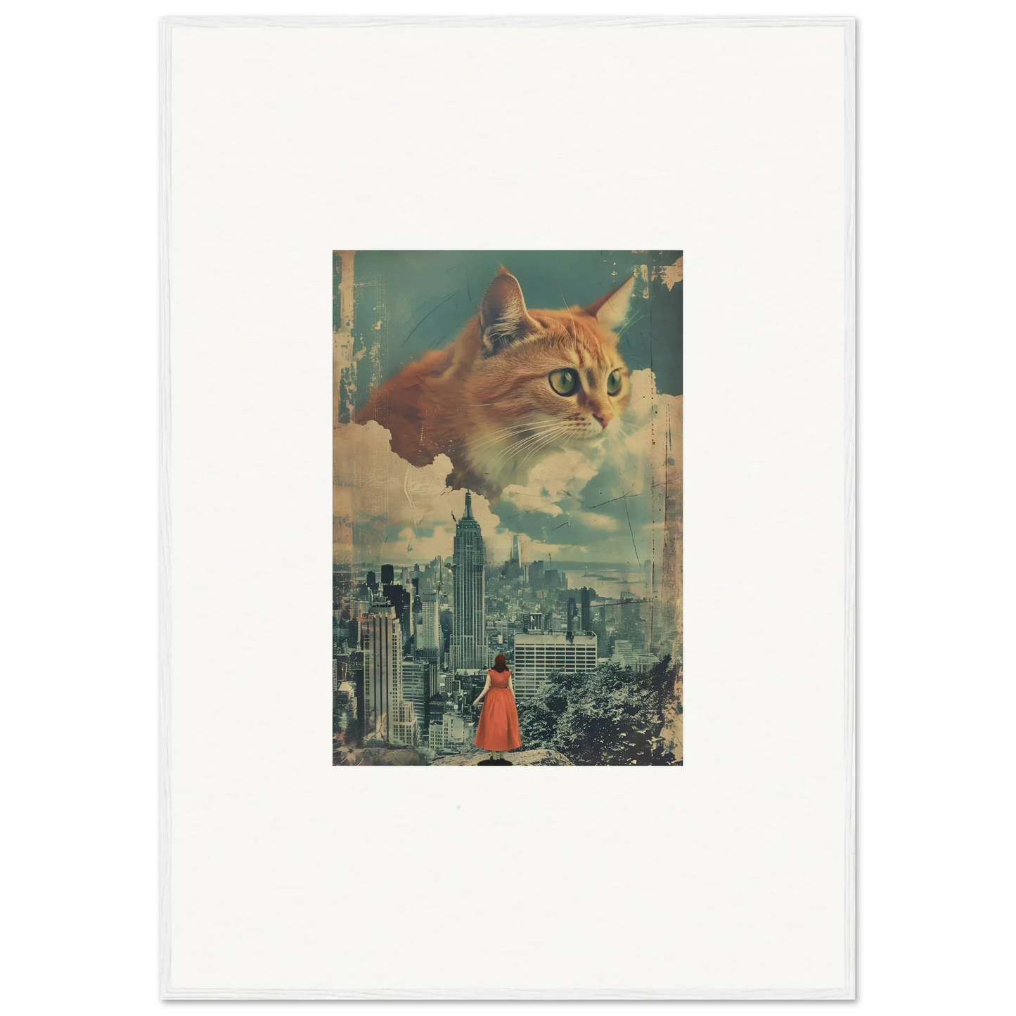 Surreal collage of giant cat visions over cityscape for unique room decor and framed wall art