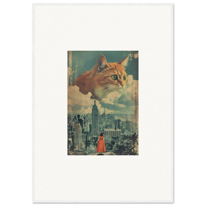 Surreal collage of giant cat visions over cityscape for unique room decor and framed wall art