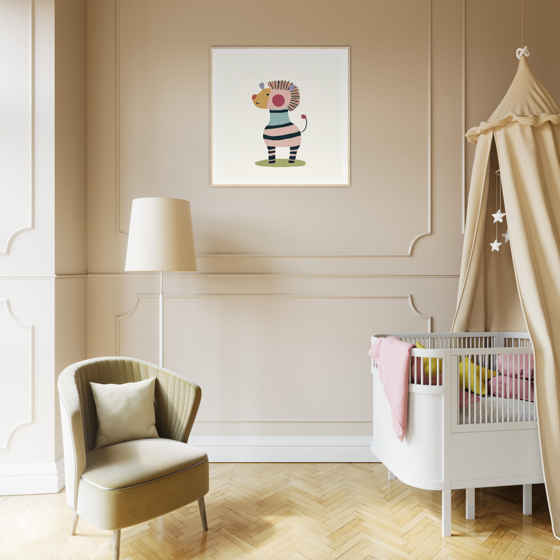 Nursery room featuring a white crib, beige armchair, and canopy tent in Cosmic Creature Whimsy