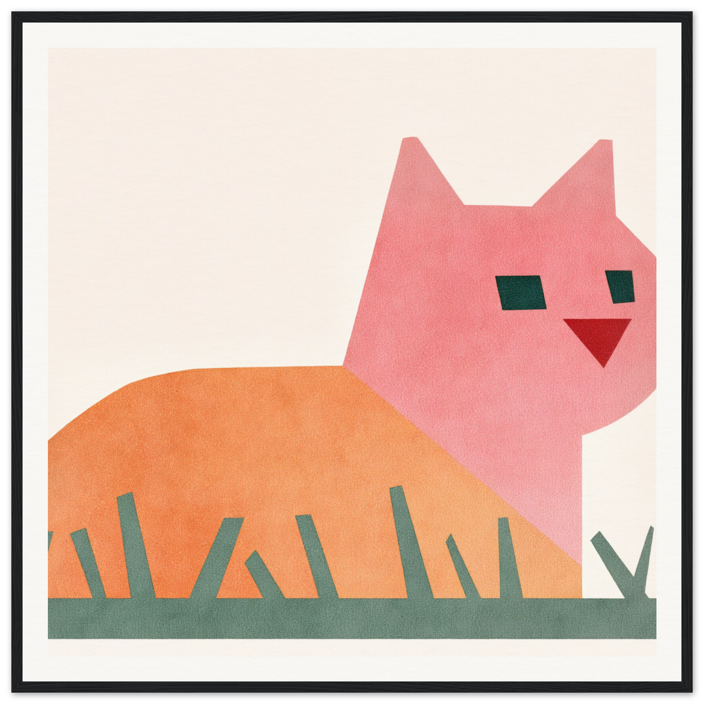 Pink and orange geometric Cosmic Curled Cat design nestled in green grass