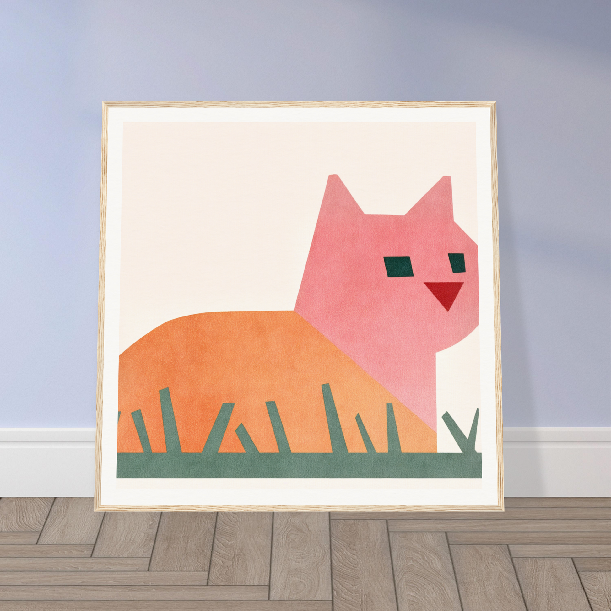 Minimalist art print featuring a Cosmic Curled Cat in geometric pink and orange design