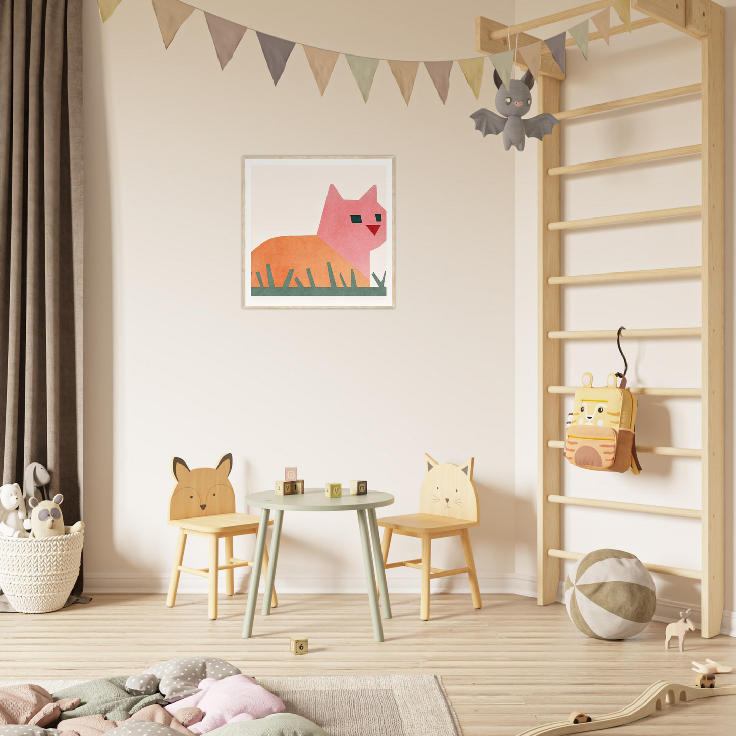 Children’s play area featuring a table and animal-themed chairs with Cosmic Curled Cat design