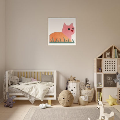 Cozy nursery featuring a wooden crib and Cosmic Curled Cat artwork on the wall