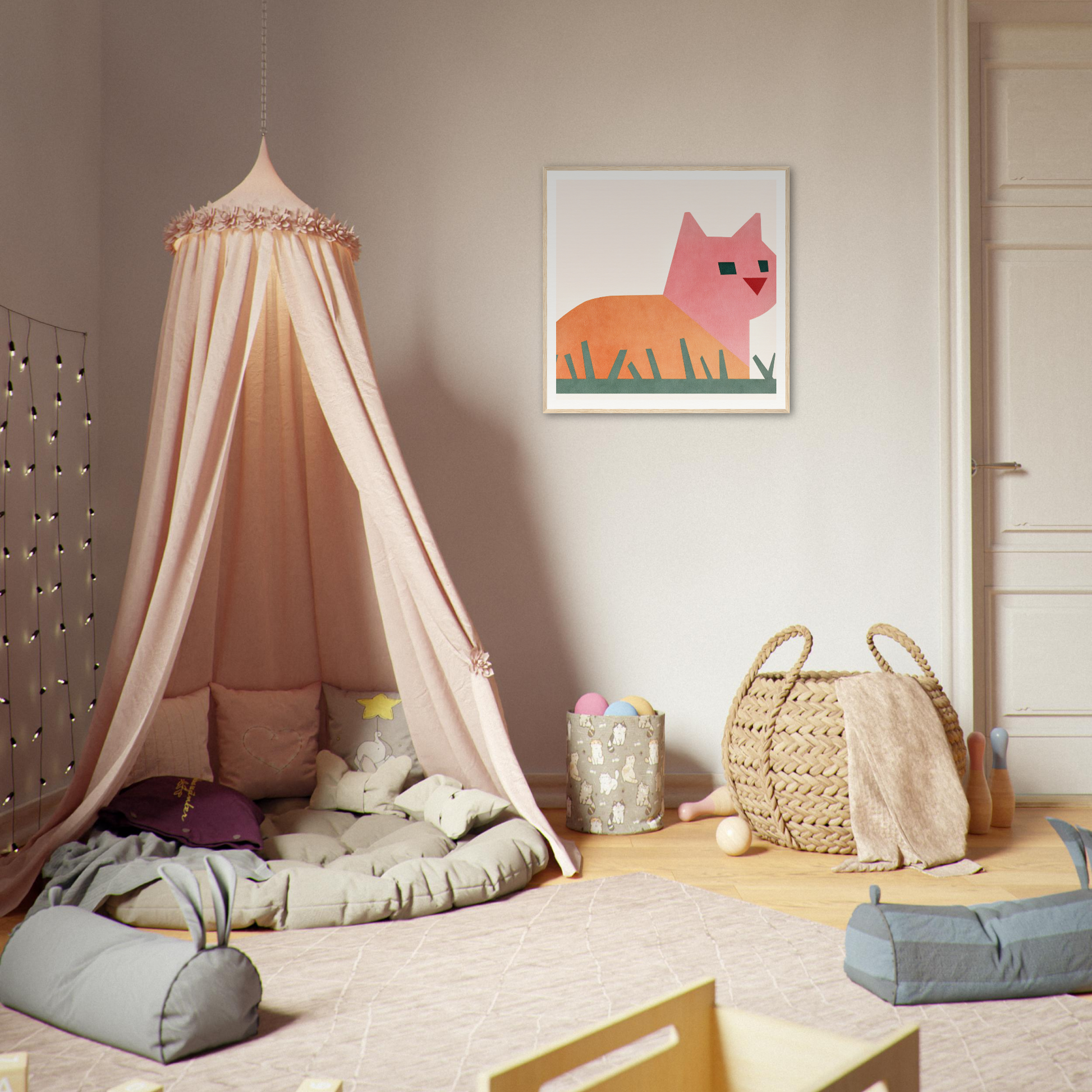 Peach-colored canopy tent with cushions for a Cosmic Curled Cat lounging experience