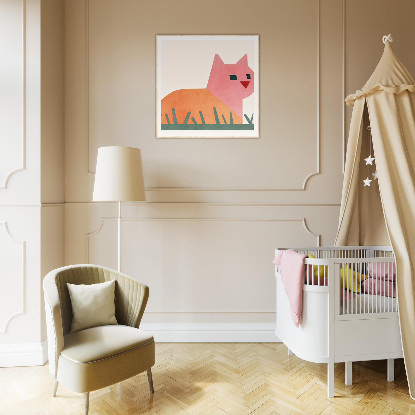 Nursery room featuring whimsical Cosmic Curled Cat artwork above a white crib