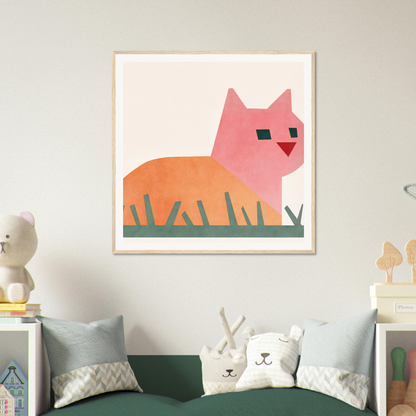 Minimalist art print of a cosmic curled cat in grass with pink and orange hues