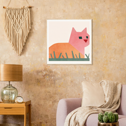 Pink and orange geometric illustration of a cosmic curled cat on white canvas