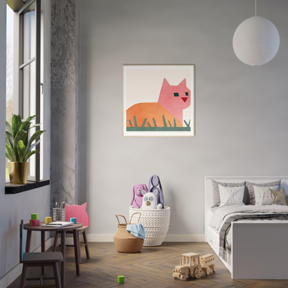 Artwork of a pink and orange Cosmic Curled Cat hanging on a wall