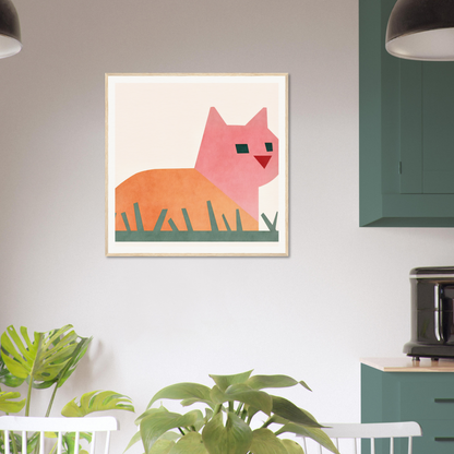 Framed art print of a pink cosmic curled cat in minimalist style