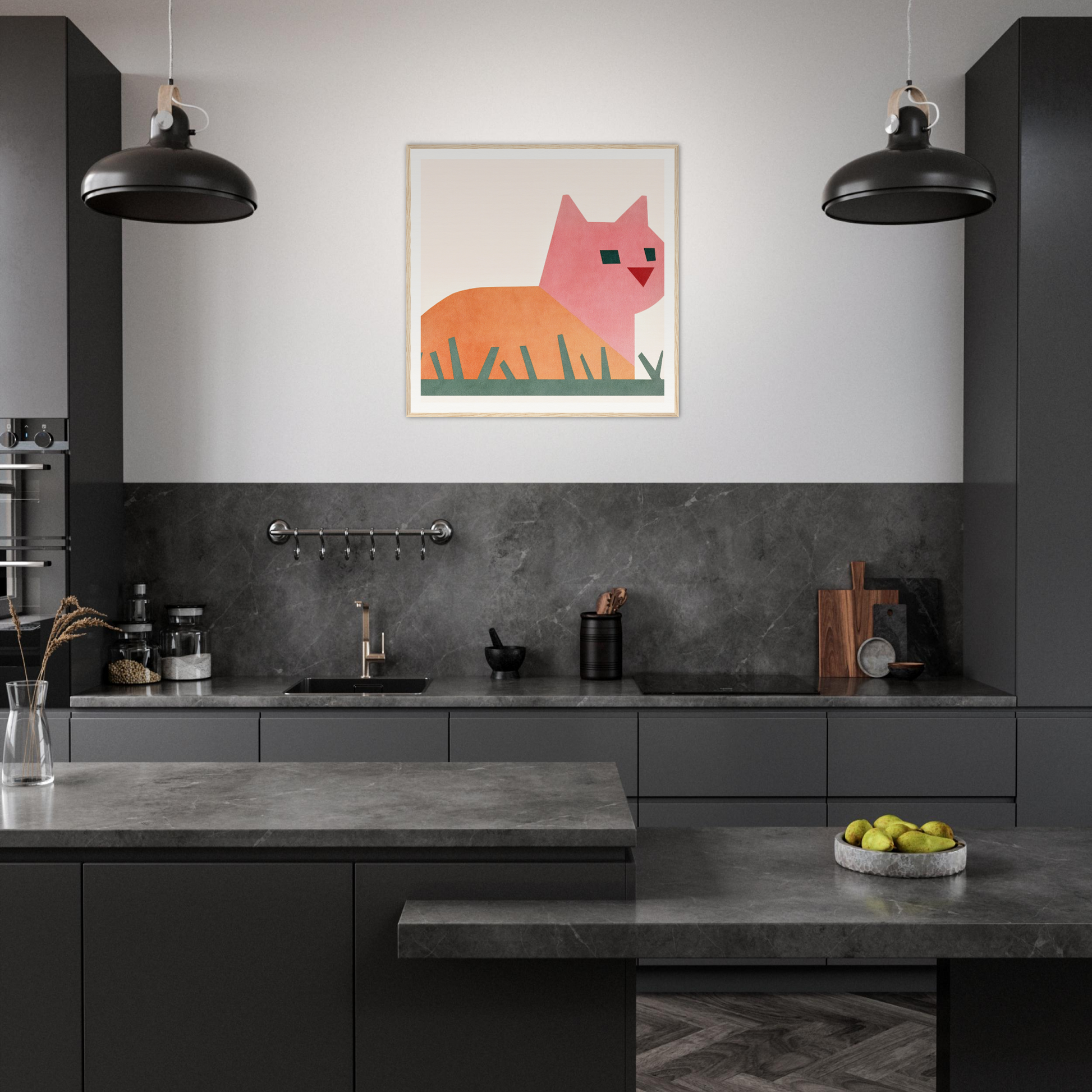 Modern dark gray kitchen featuring Cosmic Curled Cat artwork on the wall