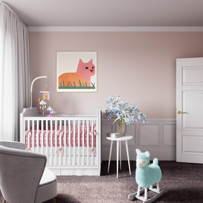 White wooden crib with pink bedding in Cosmic Curled Cat product display