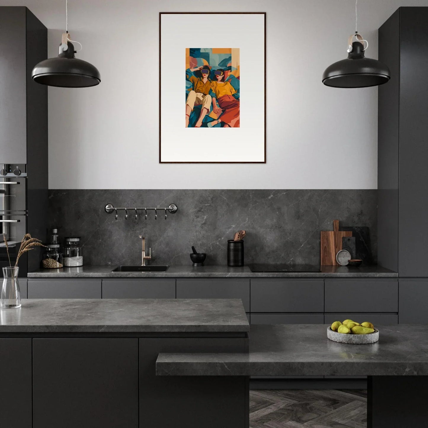 Modern kitchen with dark cabinets, concrete counters, and a colorful Lovers Reve canvas print