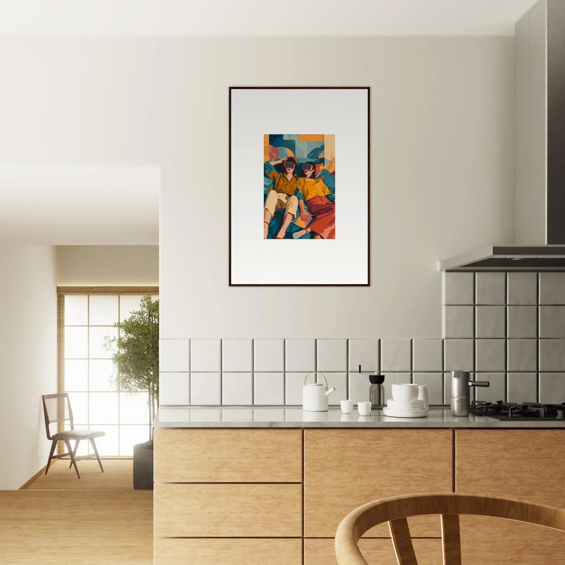 Framed Cosmic Lovers Reve canvas print with colorful geometric shapes for room decoration