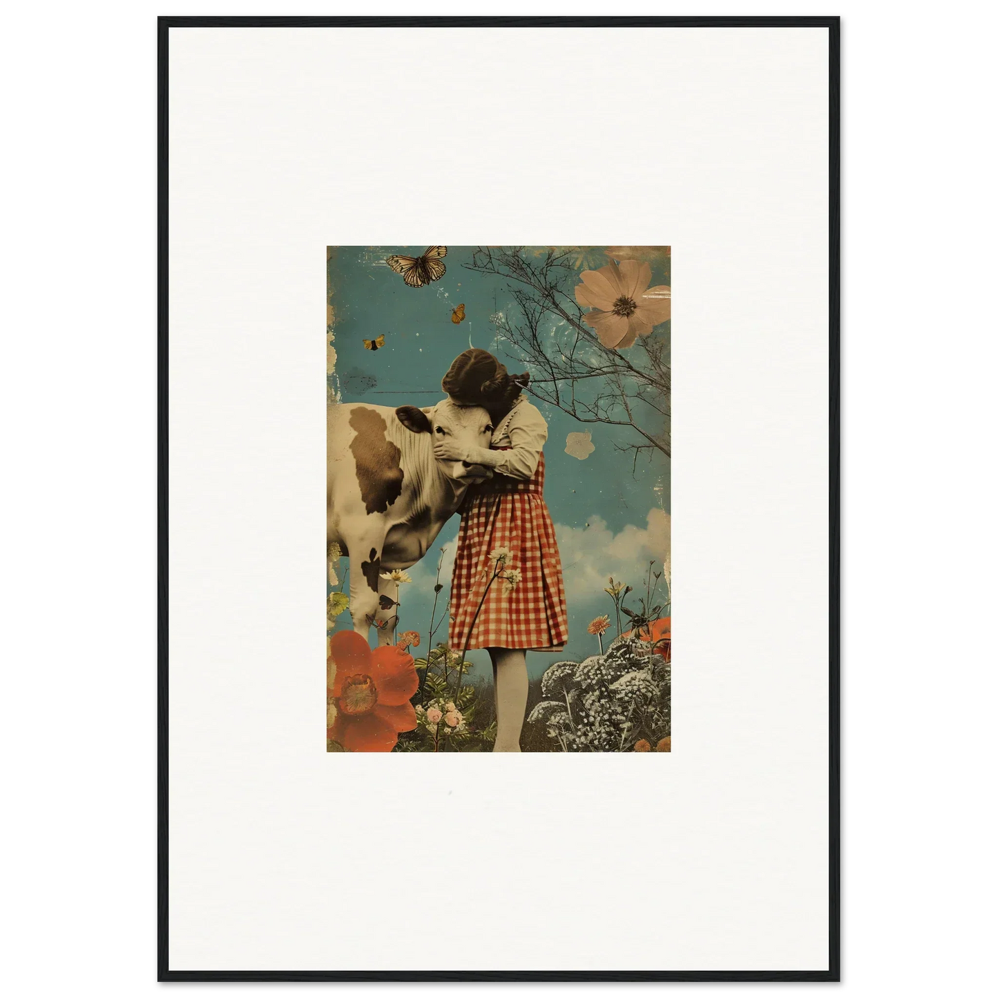 Framed canvas print of a girl in a plaid skirt petting a cow in a meadow hymn vibe