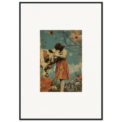 Framed canvas print of a girl in a plaid skirt petting a cow in a meadow hymn vibe