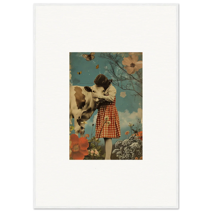 Vintage-style collage of a girl in a plaid skirt with a cow, perfect for room decoration