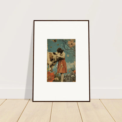 Framed canvas print of a girl in a plaid dress petting a cow in a Meadow Hymn scene