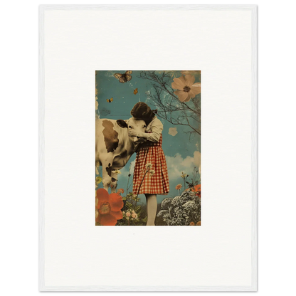 Vintage collage art of a girl in plaid with a cow, perfect for Meadow Hymn room decoration