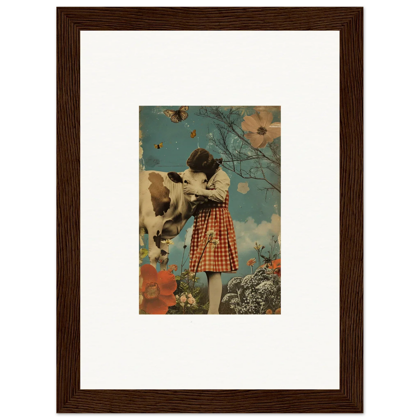 Framed canvas print of a girl in a checkered dress petting a cow in Meadow Hymn style