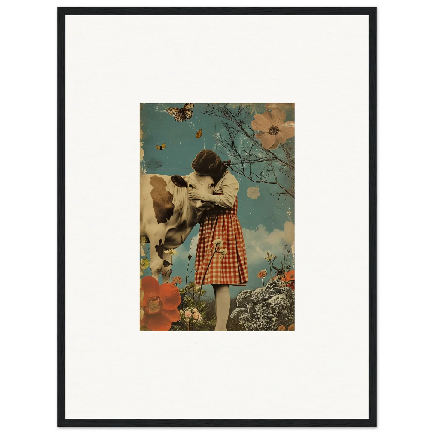 Framed canvas print of a girl petting a cow in a whimsical meadow hymn scene