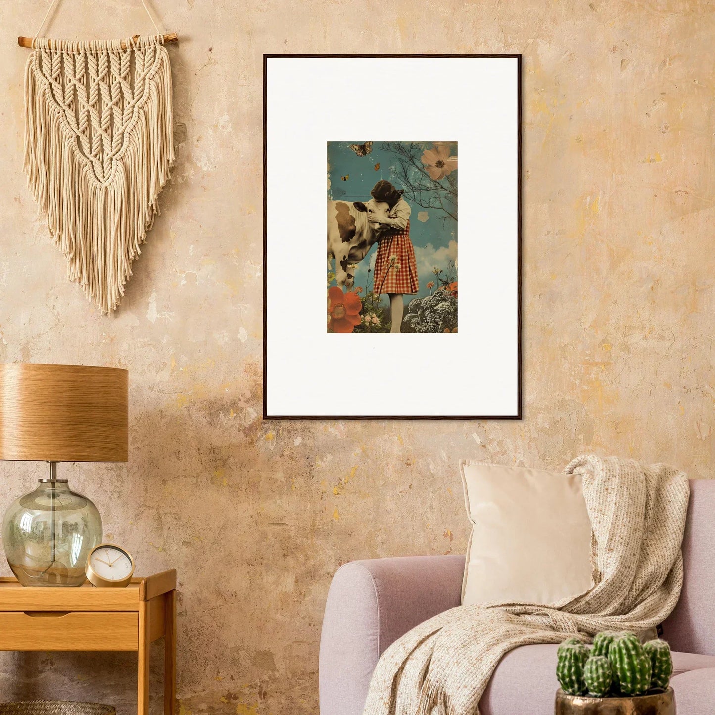 Framed canvas print of a figure in a striped dress in a whimsical meadow hymn