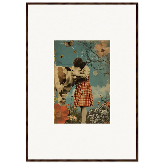 Framed canvas print of a girl in a checkered dress petting a cow in a meadow hymn