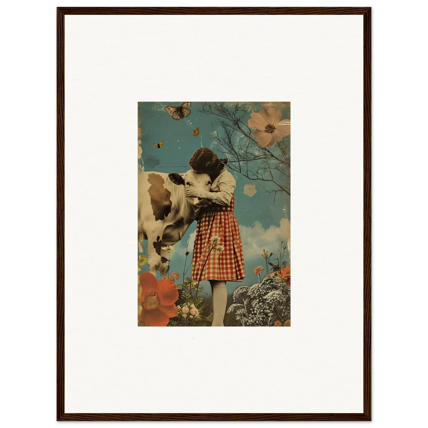 Framed vintage artwork of a girl in a plaid skirt with a cow, perfect meadow hymn room decoration