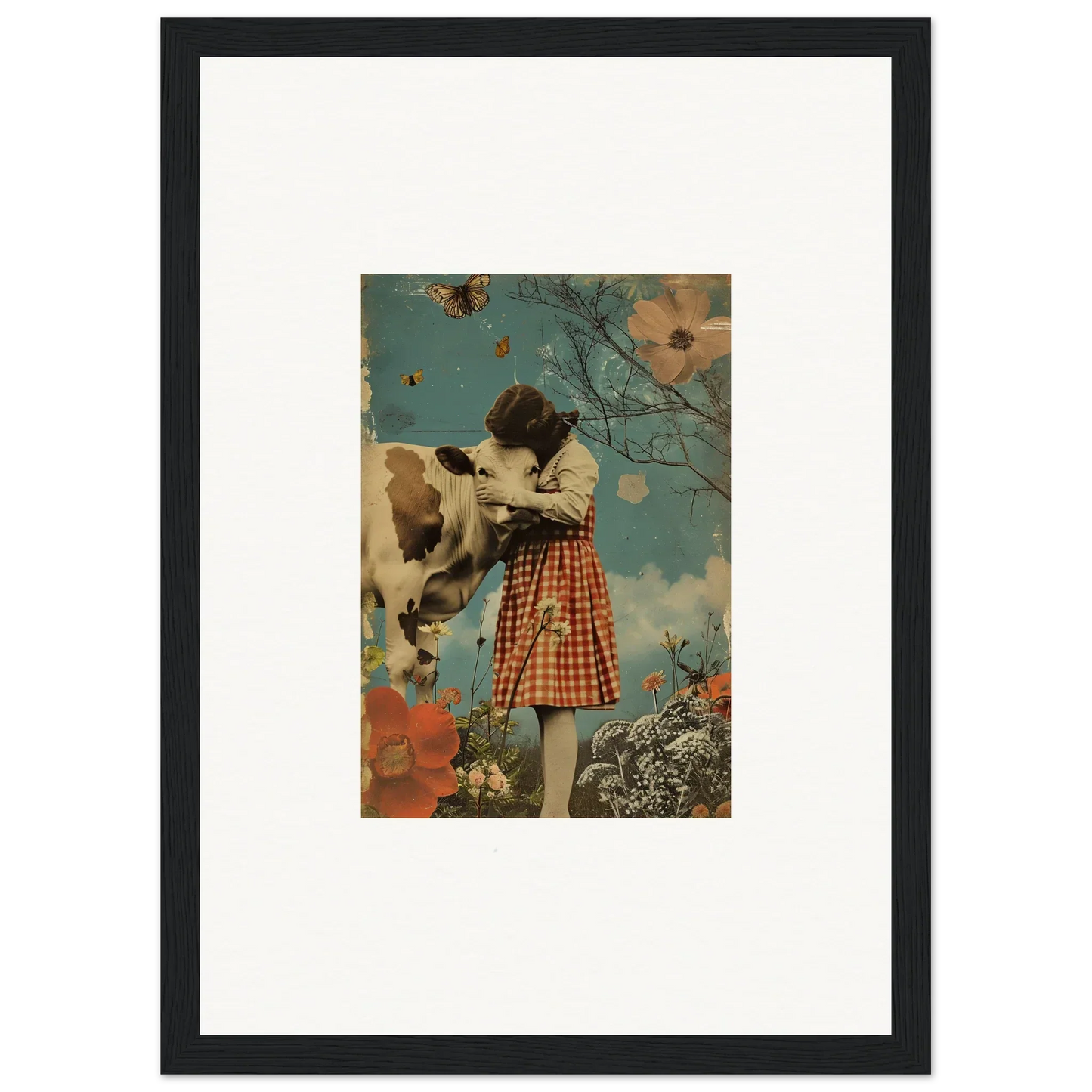 Framed canvas print of a girl in a checkered dress with a cow in a meadow hymn scene