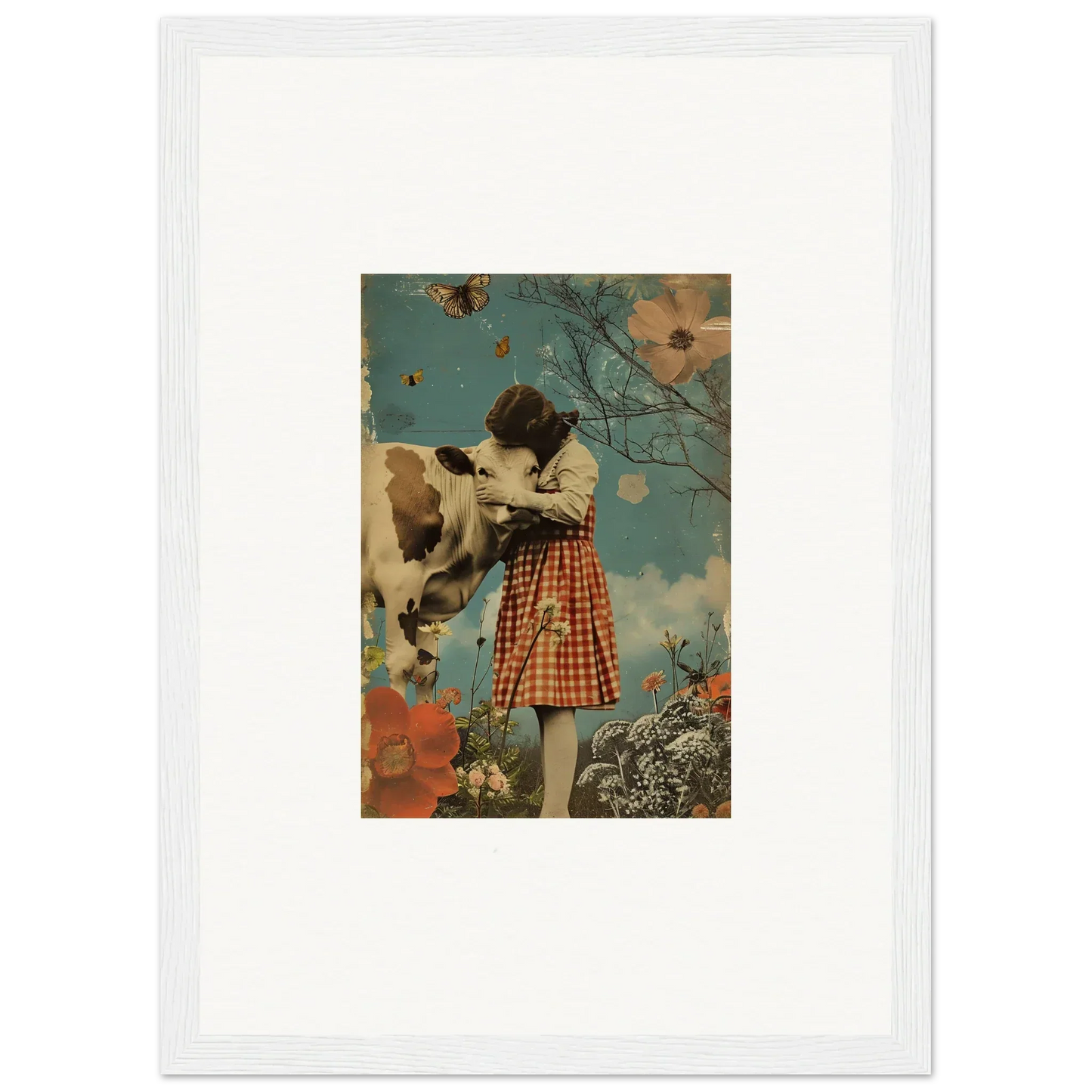 Framed canvas print of a person in a checkered dress with a cow in a dreamy meadow hymn scene