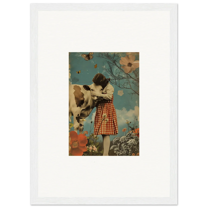 Framed canvas print of a person in a checkered dress with a cow in a dreamy meadow hymn scene