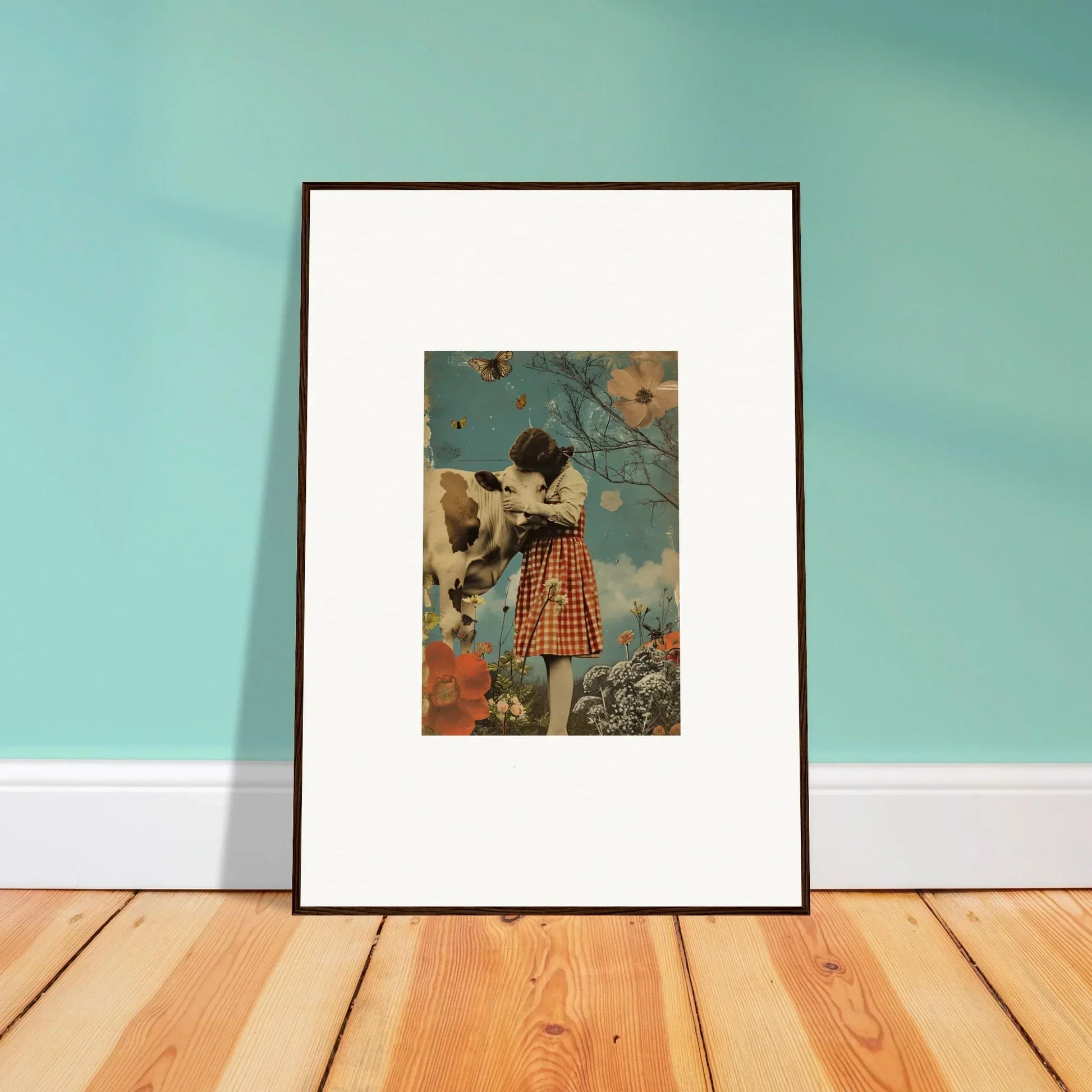 Framed canvas print of a person in a checkered dress and cow in a dreamy meadow hymn