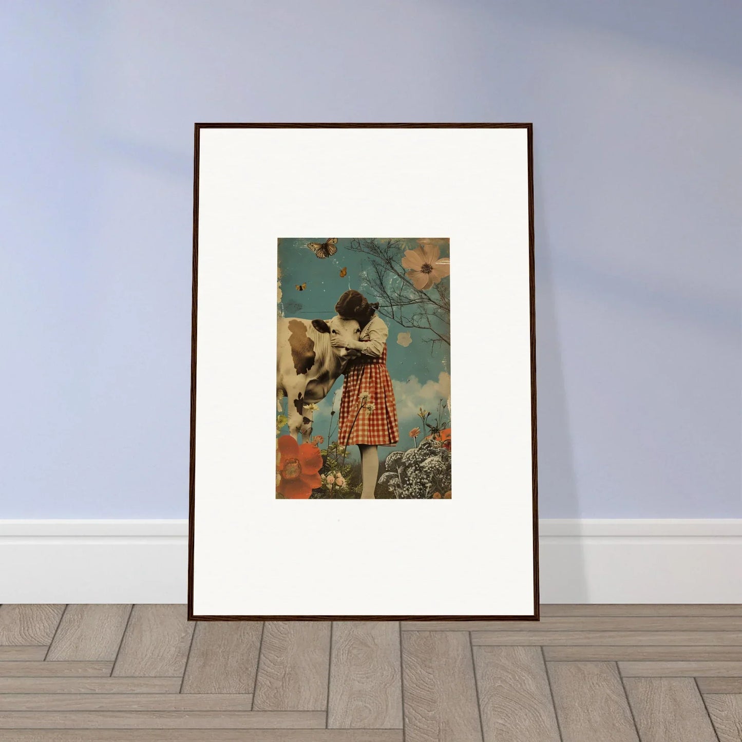 Framed canvas print of a child and cow collage, perfect for meadow hymn room decoration