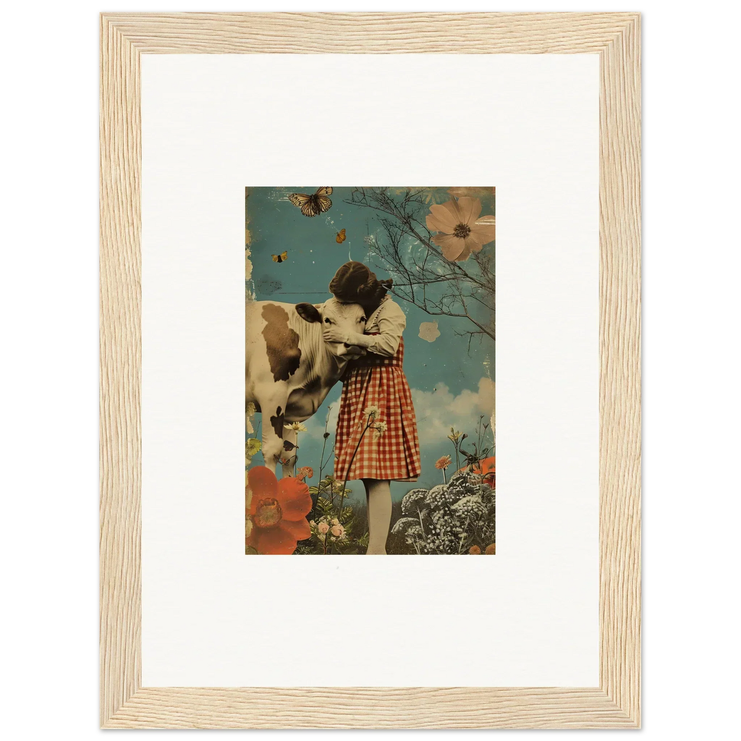 Surreal canvas print of a girl in a checkered dress with a cow, perfect for room decoration